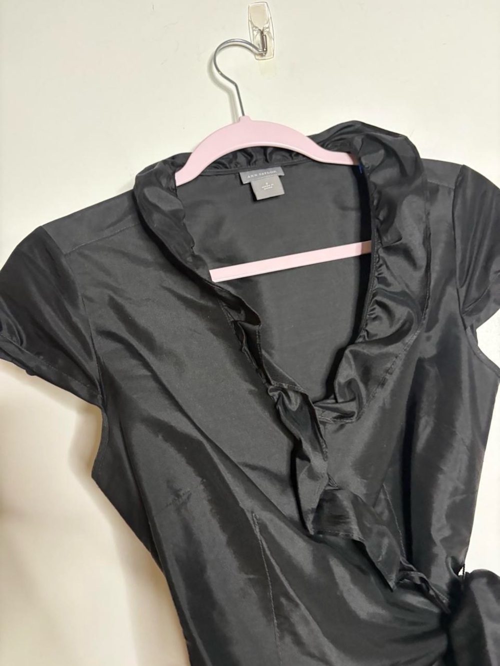 Ann Taylor Black Satin Wrap Top with Ruffle Neck - Picture 5 of 6